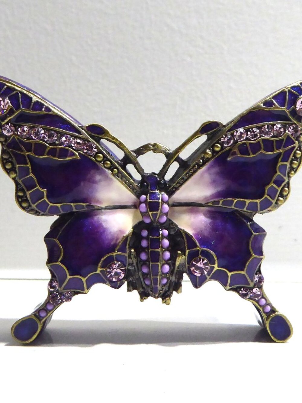 Welforth Jeweled Purple Lavender Enamel & Crystal Butterfly Jewelry Trinket Box